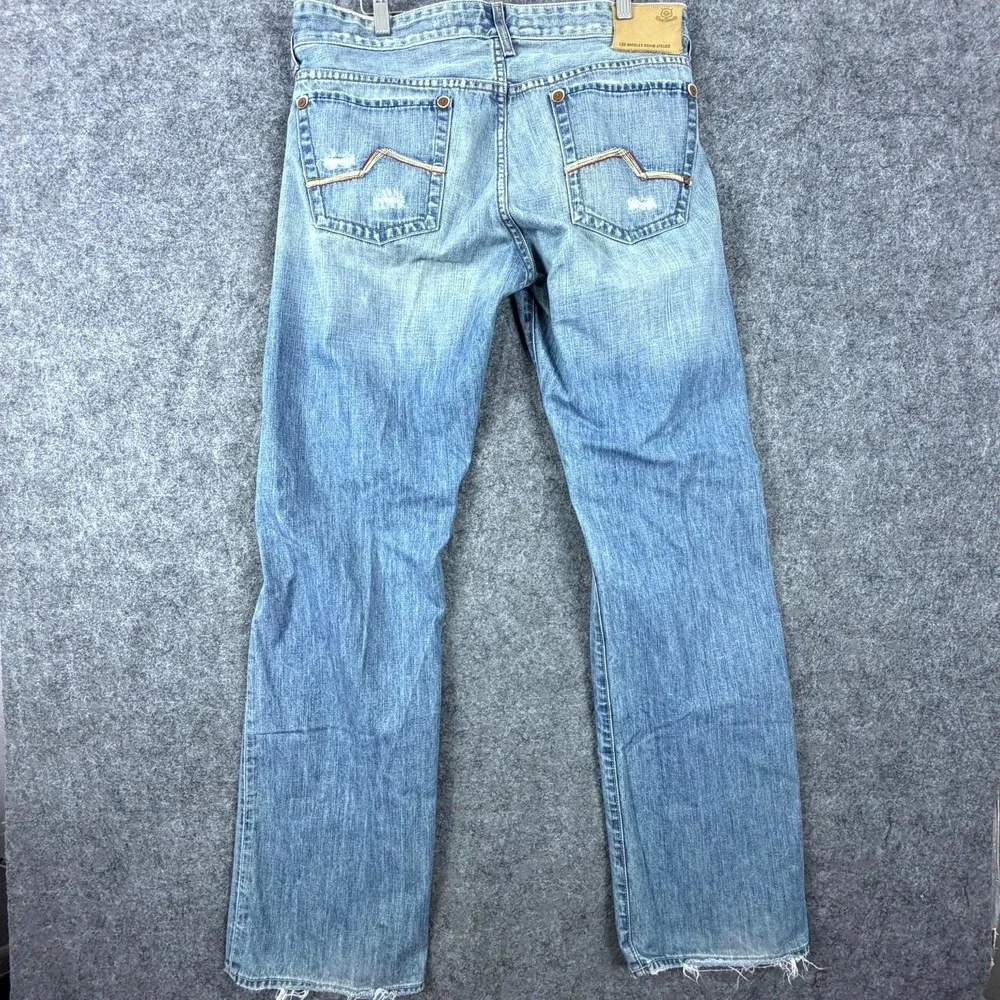 LA Denim Atelier Jeans Mens 34 Blue Denim Distressed Whiskers Low Rise Straight